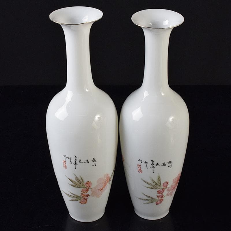 中国　中国景徳鎮製　薄胎　粉彩　漢詩花鳥文瓶　一對　C　R8384