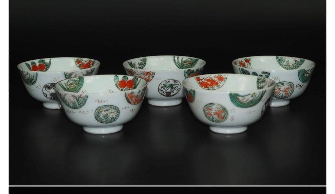 送料無料　江戸期　色絵煎茶碗5客　煎茶道具