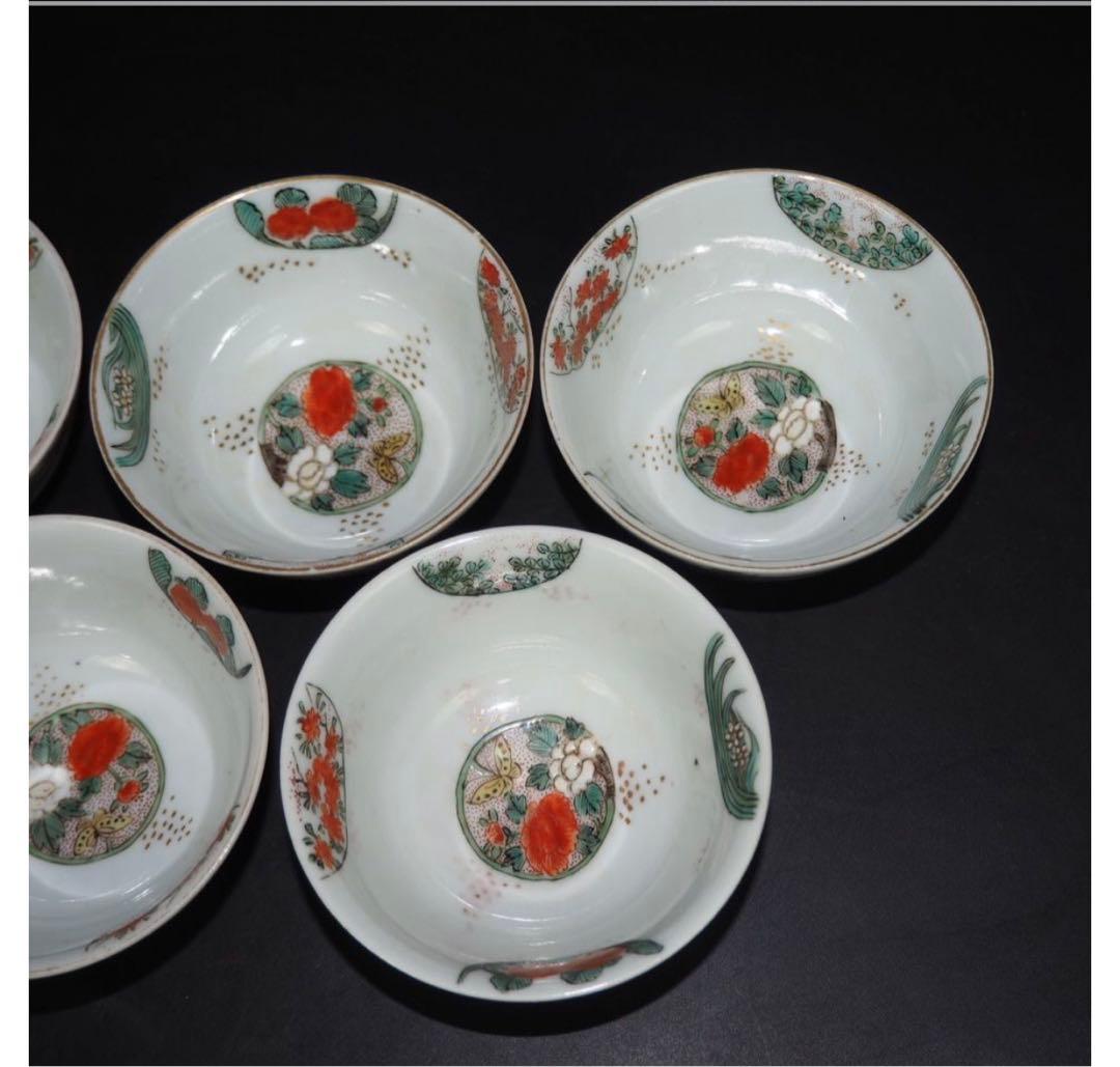 送料無料　江戸期　色絵煎茶碗5客　煎茶道具