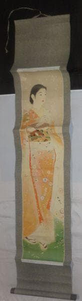 稀少 ヴィンテージ 山川秀峰 昭和風俗美人 『花』 美人画 着物 紙本 掛軸 ③