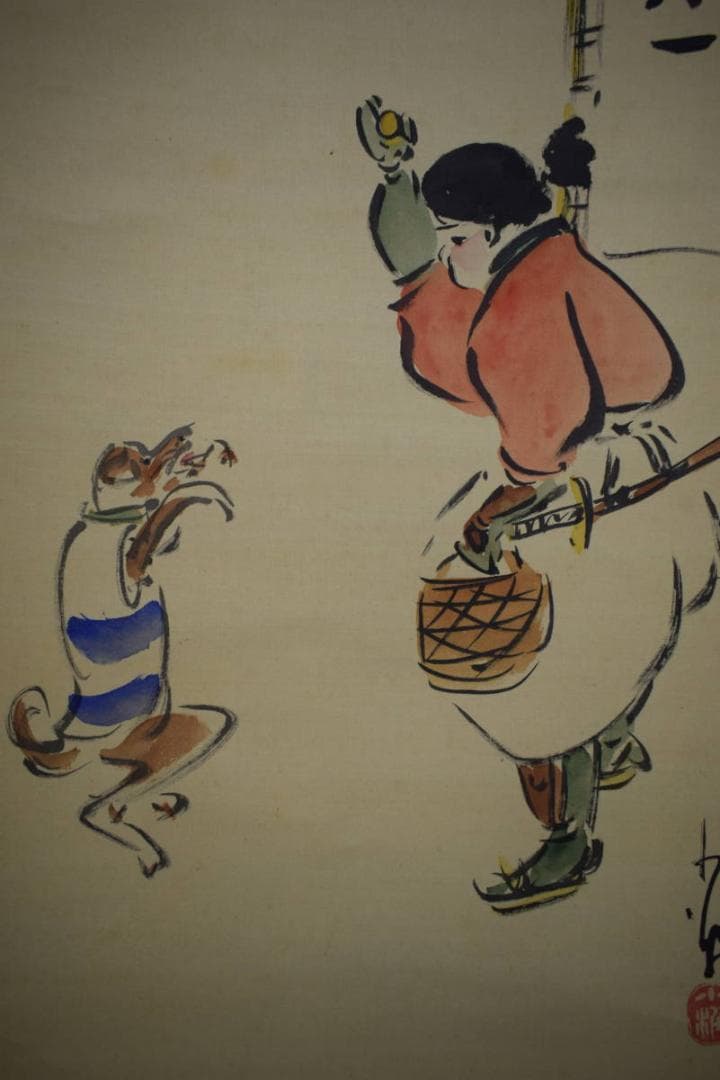 真作/巖谷小波/桃太郎/犬/きび団子/人物/日本一/布袋屋掛軸HJ-811