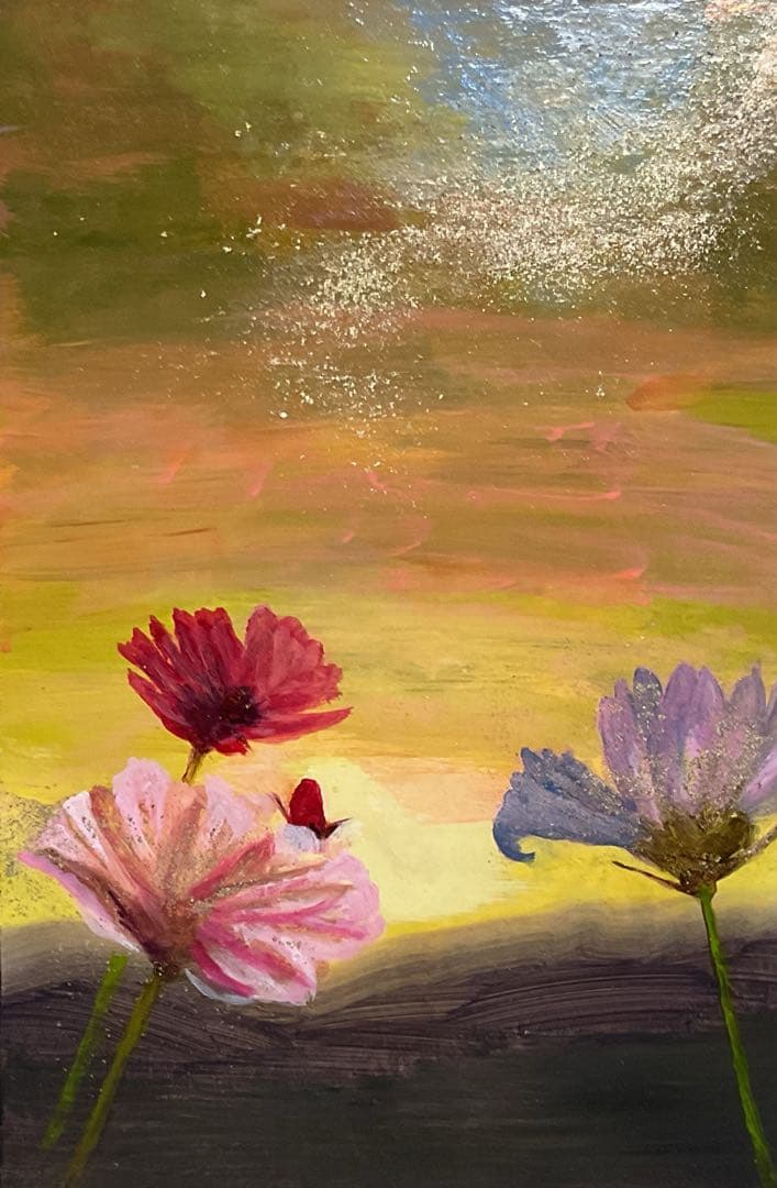 油彩画　「　夕景とコスモス　」　原画　P6号
