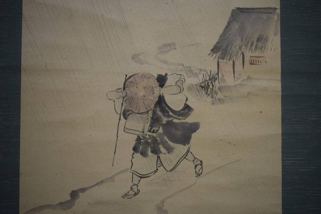 真作/小田松舟/雨天西行/人物図/布袋屋掛軸HJ-277