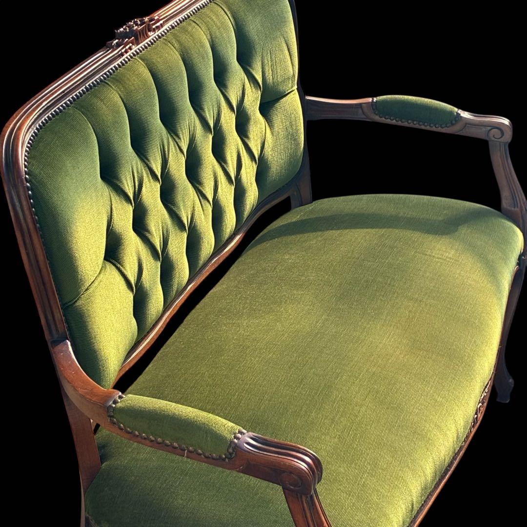 【美品】猫足　アンティークソファ　マホガニー　サロンチェア　グリーン