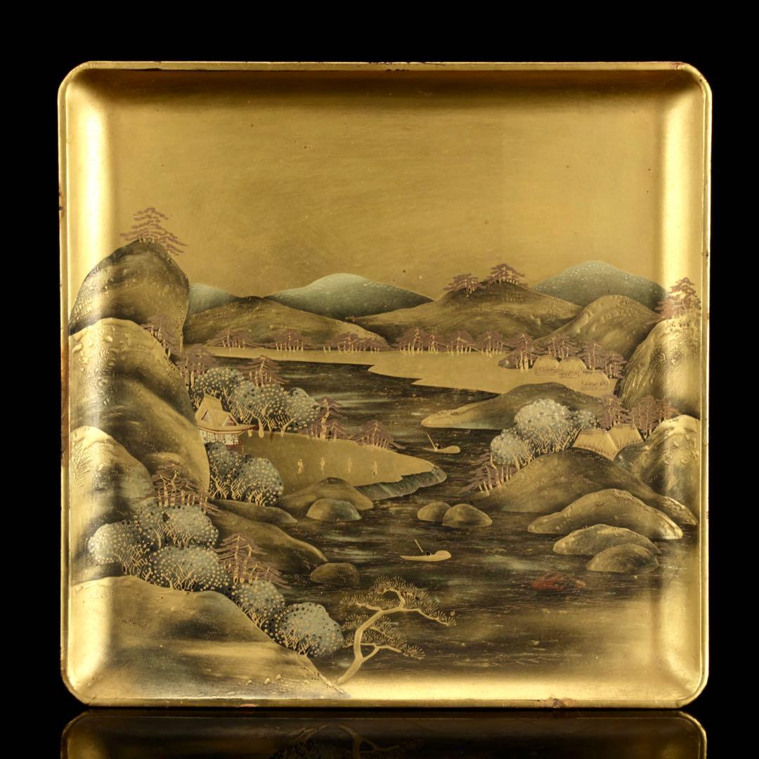 光月銘 蒔絵 山水図 四方盆 金地 風景 蒔絵盆 漆芸 盆 古美術品 骨董品