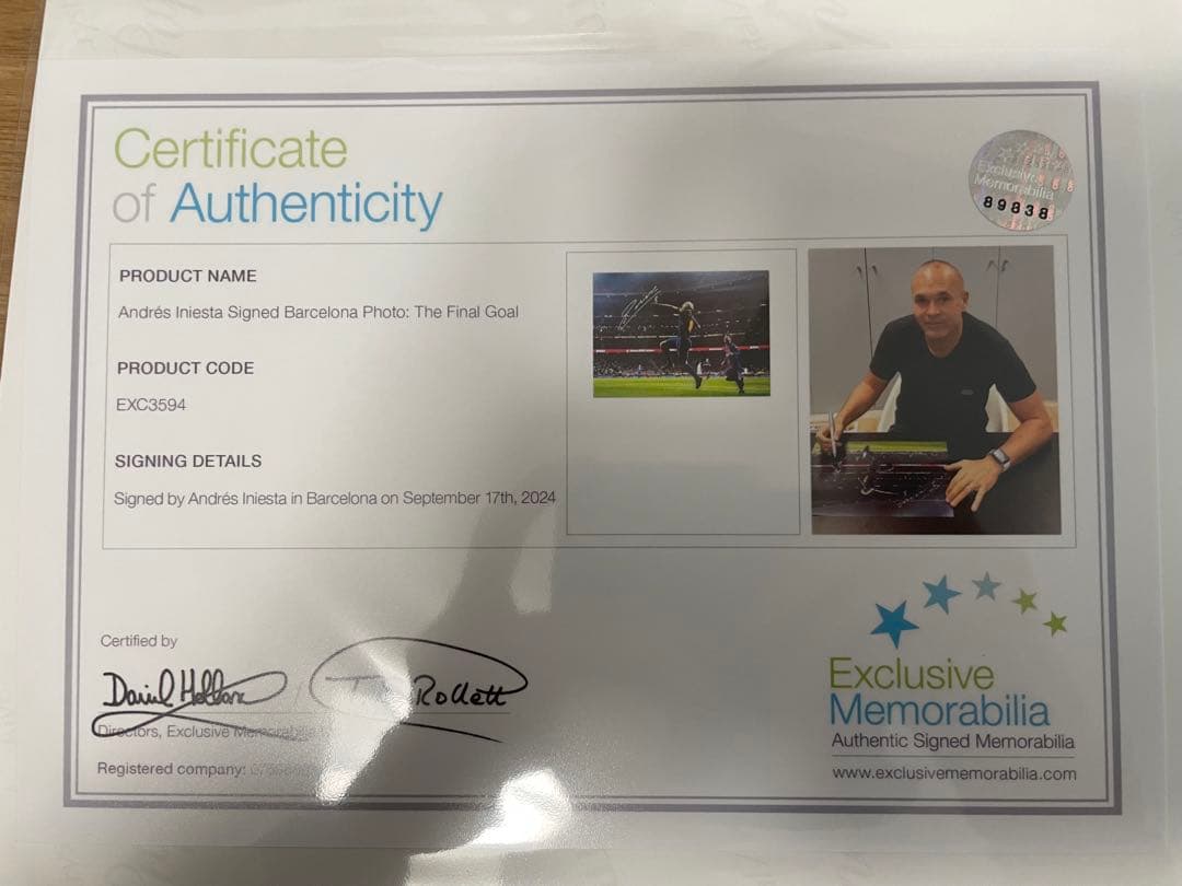 【証明書付】イニエスタ 直筆サイン A3サイズ