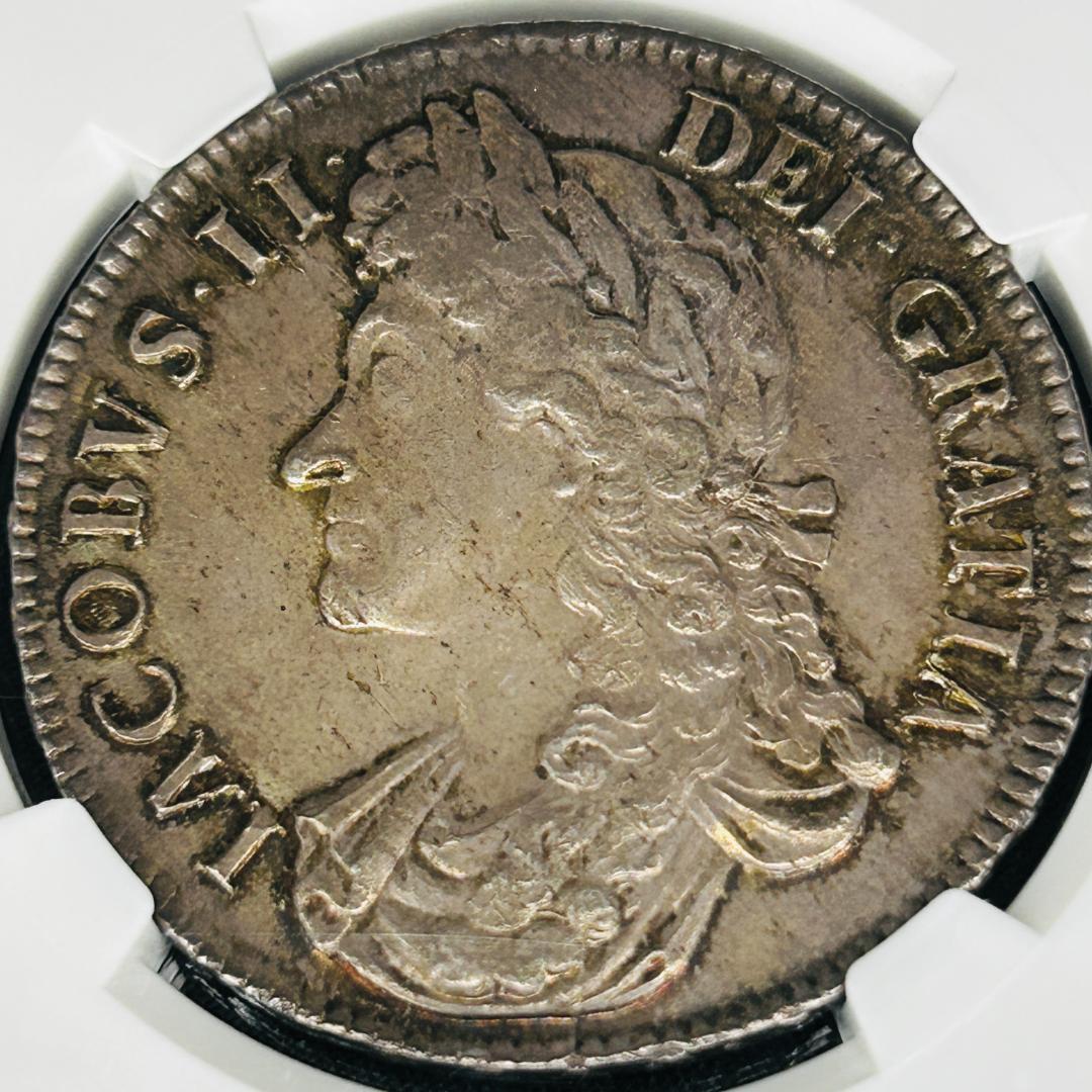 【超希少！】1687 イギリス ジェームズ2世 クラウン銀貨 NGC AU58