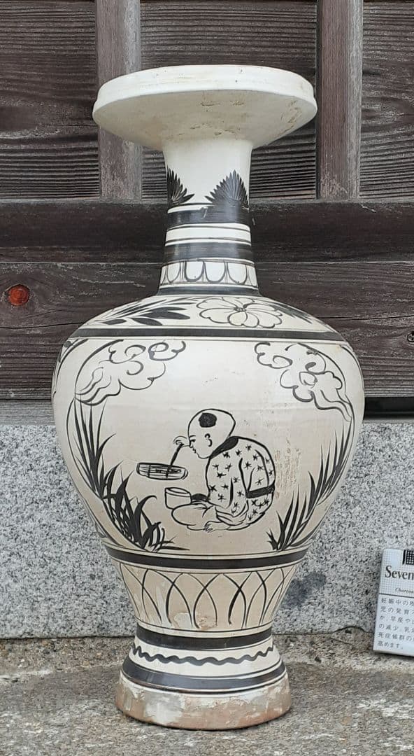 中国古美術　中国古陶磁器　古玩　磁州窯　白釉掛　鉄絵　草文様に唐子の図　広口大瓶