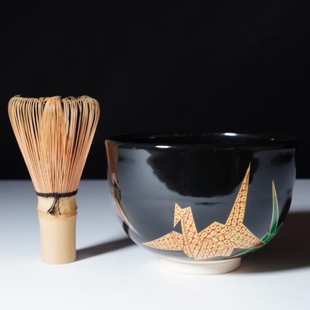 八世 高橋道八　黒釉折鶴之図茶碗　共箱　茶道具　抹茶碗　京焼