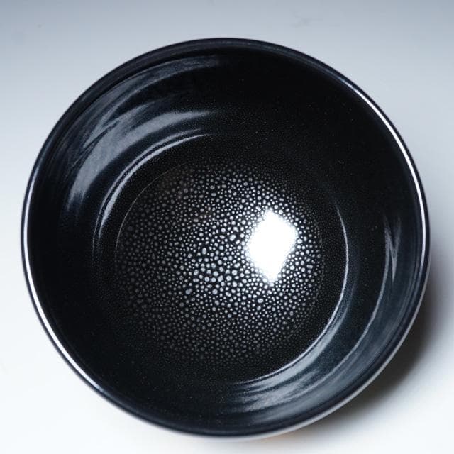 八世 高橋道八　黒釉折鶴之図茶碗　共箱　茶道具　抹茶碗　京焼
