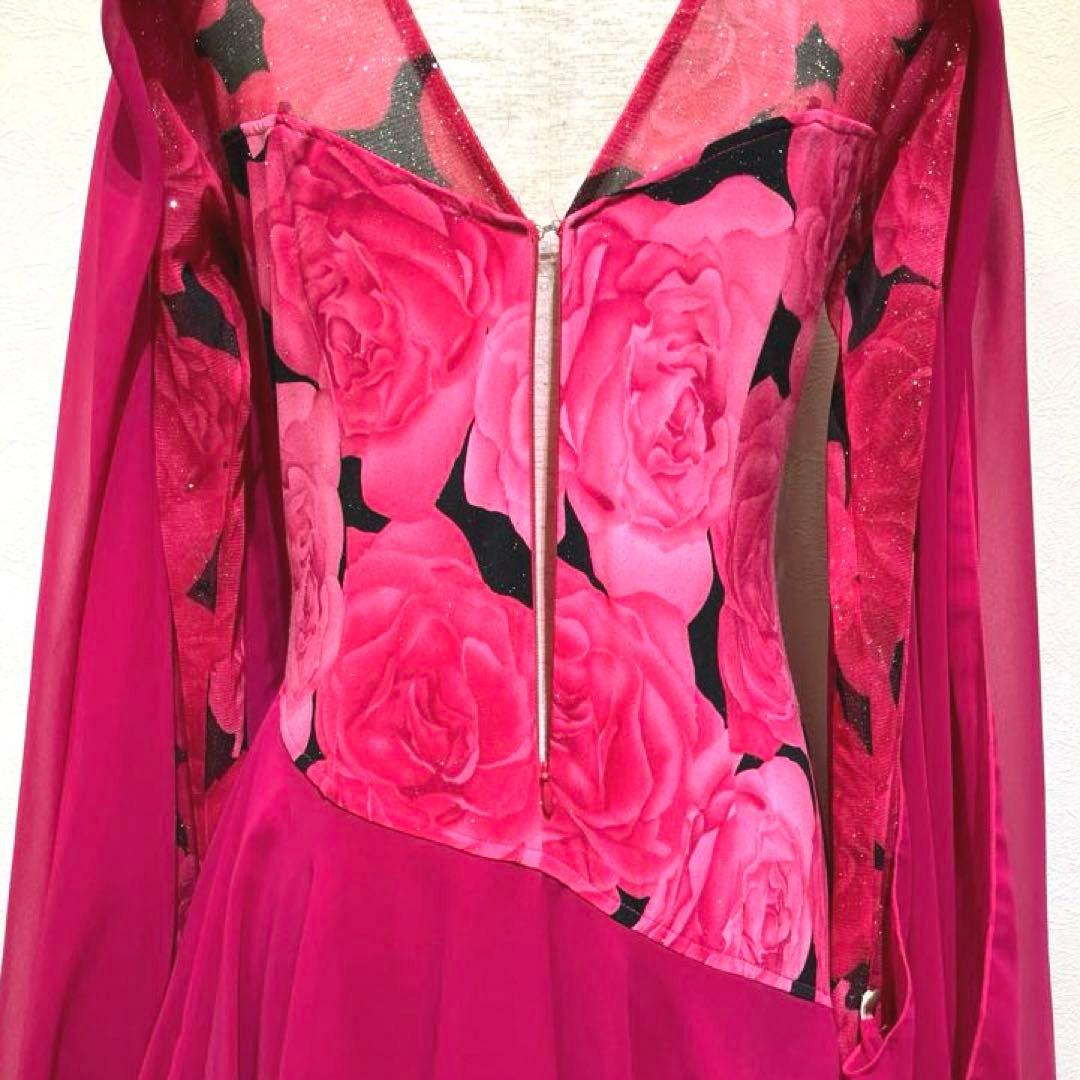 社交ダンス　スタンダードドレス　モダンドレス　ピンク　薔薇プリント