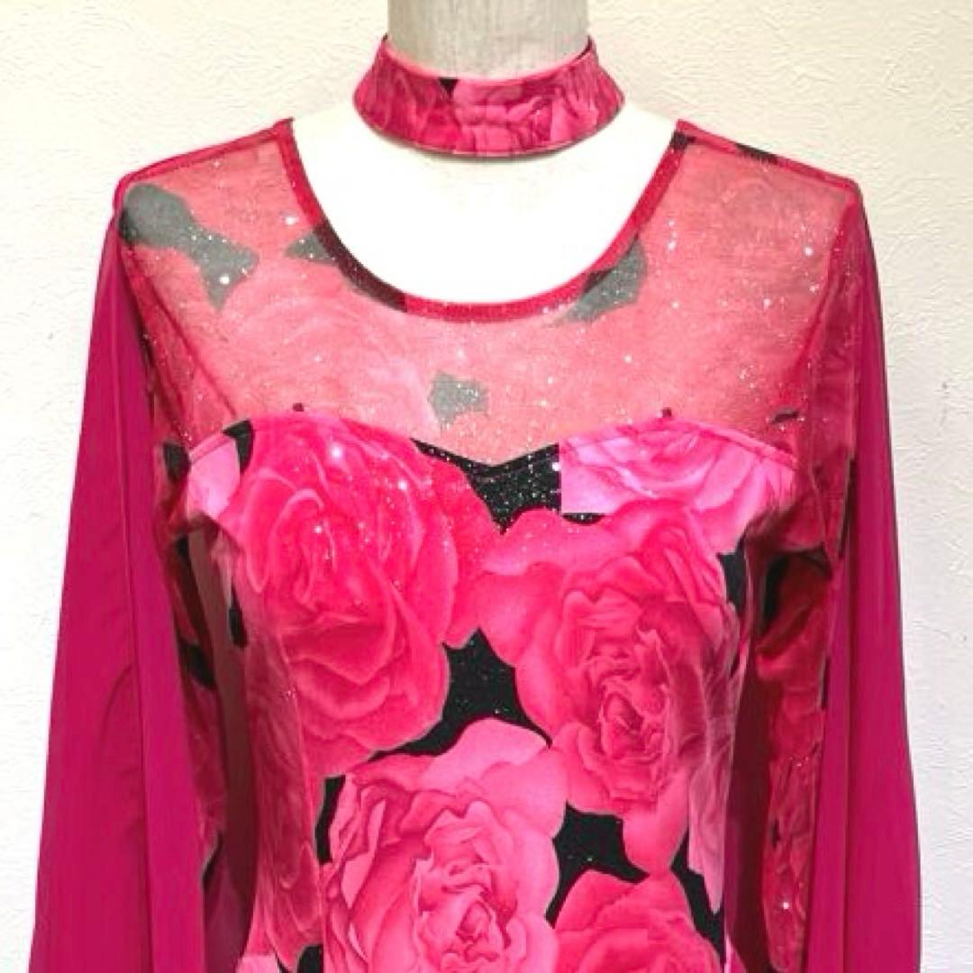 社交ダンス　スタンダードドレス　モダンドレス　ピンク　薔薇プリント