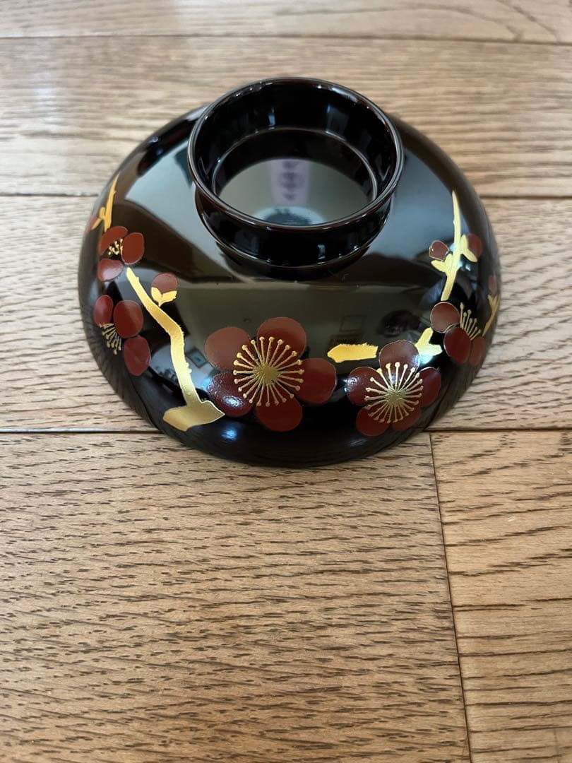 会津塗　本漆仕上　御吸物椀　乙造作　紅梅　黒　新品未使用　共箱付