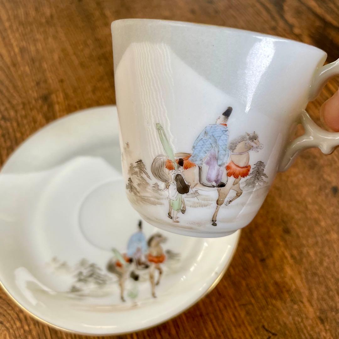 横浜焼 井村製 明治 輸出手 アンティーク カップ＆ソーサー1客  業平東下り図