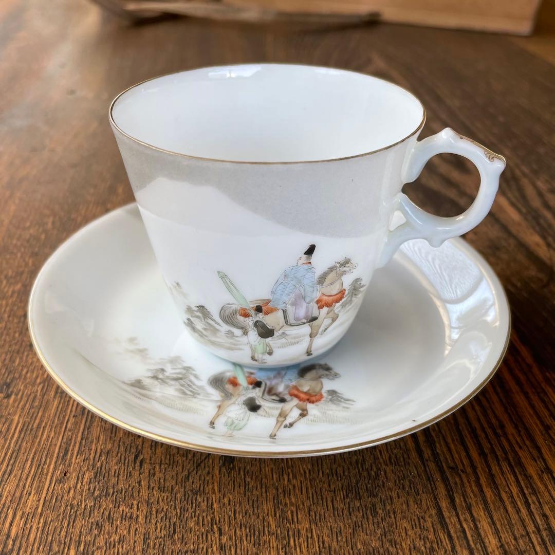 横浜焼 井村製 明治 輸出手 アンティーク カップ＆ソーサー1客  業平東下り図