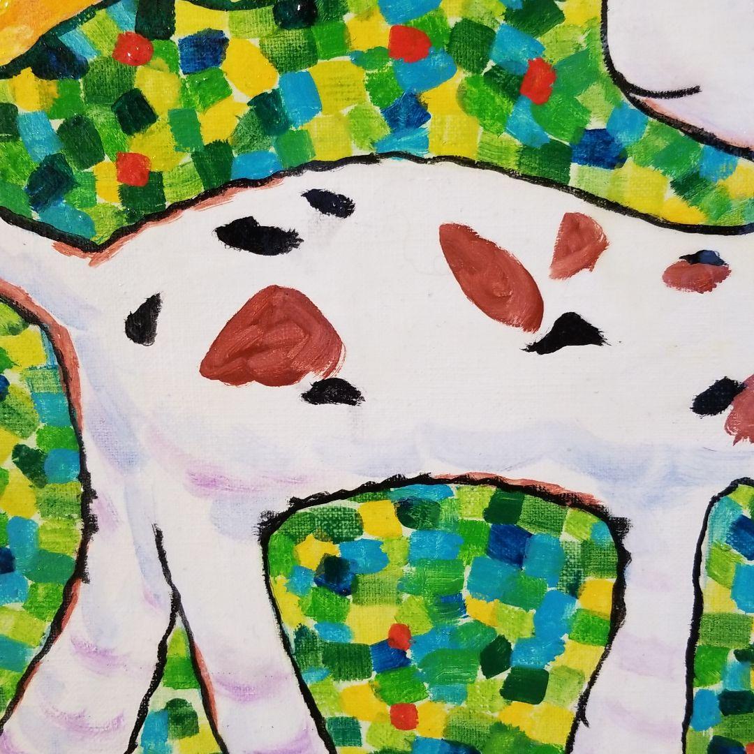 油絵　Yumiko確認　友だちの歌を聴く犬