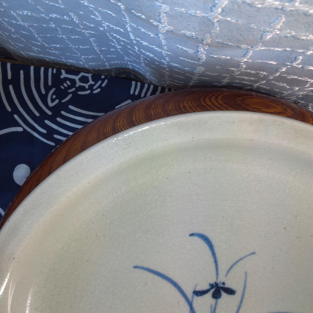骨董１ 持ち手付き陶器皿 青い花柄中古