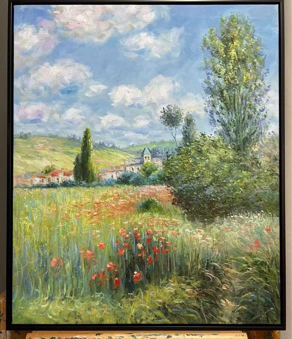 風景画 油彩 花畑 青空 黒フレーム付きi