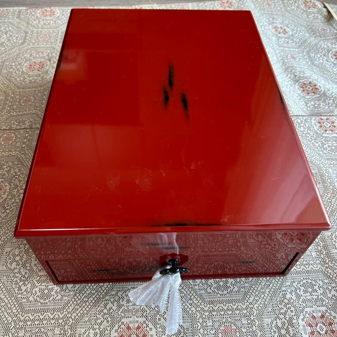【10%値下】新品未使用　根来塗り赤色二段式漆器文箱　引出し付き