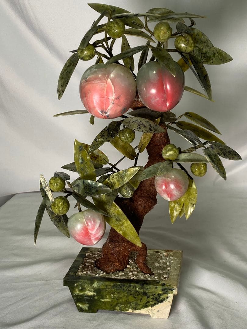 1662❣️ 中国美術　玉桃盆栽　翡翠　瑪瑙　天然石　彫刻