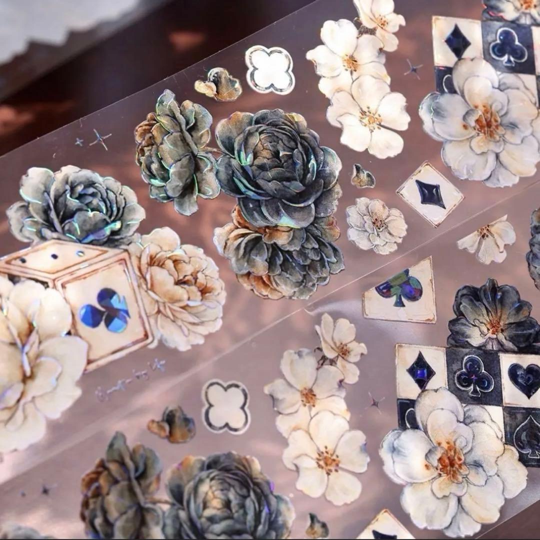 贝壳光 6cm×6m 黑白奕梦 海外マスキングテープ　海外マステ　花　トランプ