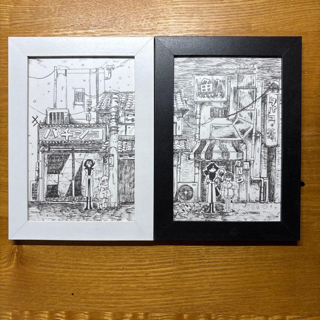 ペン画 黒と白の商店街 ハンドメイド2点セット