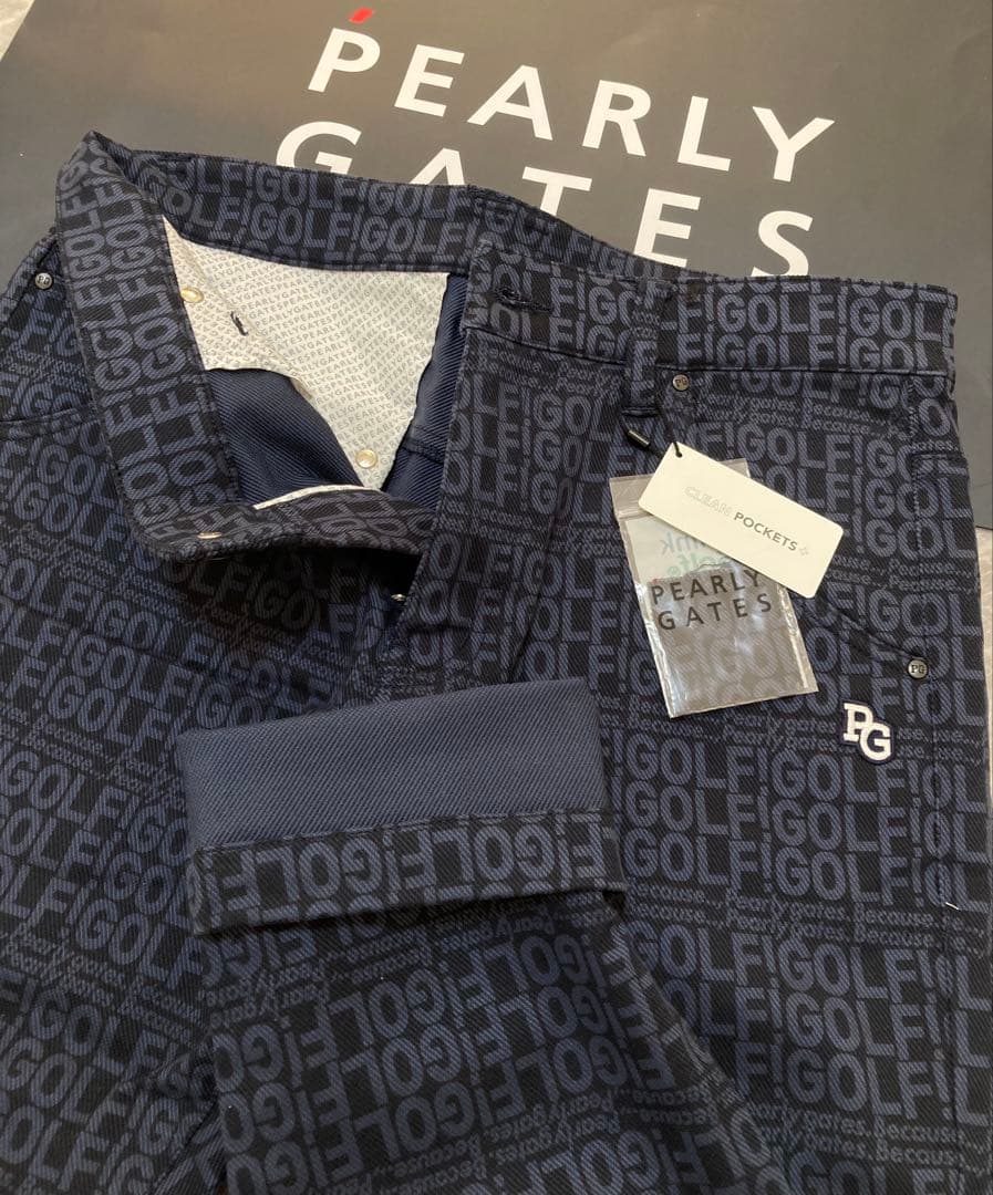 新品 パーリーゲイツ コットンストレッチカルゼ表ピーチ パンツ(4)サイズM/紺