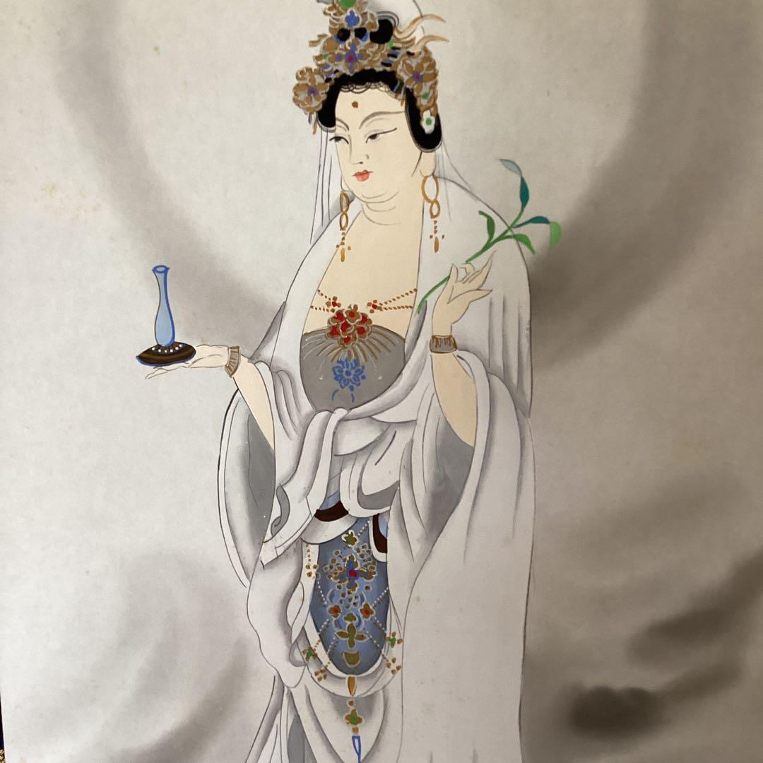 村上華岳　絹本着色　【観音菩薩立像　肉筆　】　軸先木仏具表装　特製格納箱　203