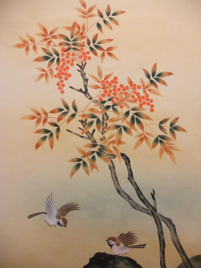 掛け軸 竹堂 作 吉祥南天 絹本 希少 軸装 茶道具 掛軸 美品 です。