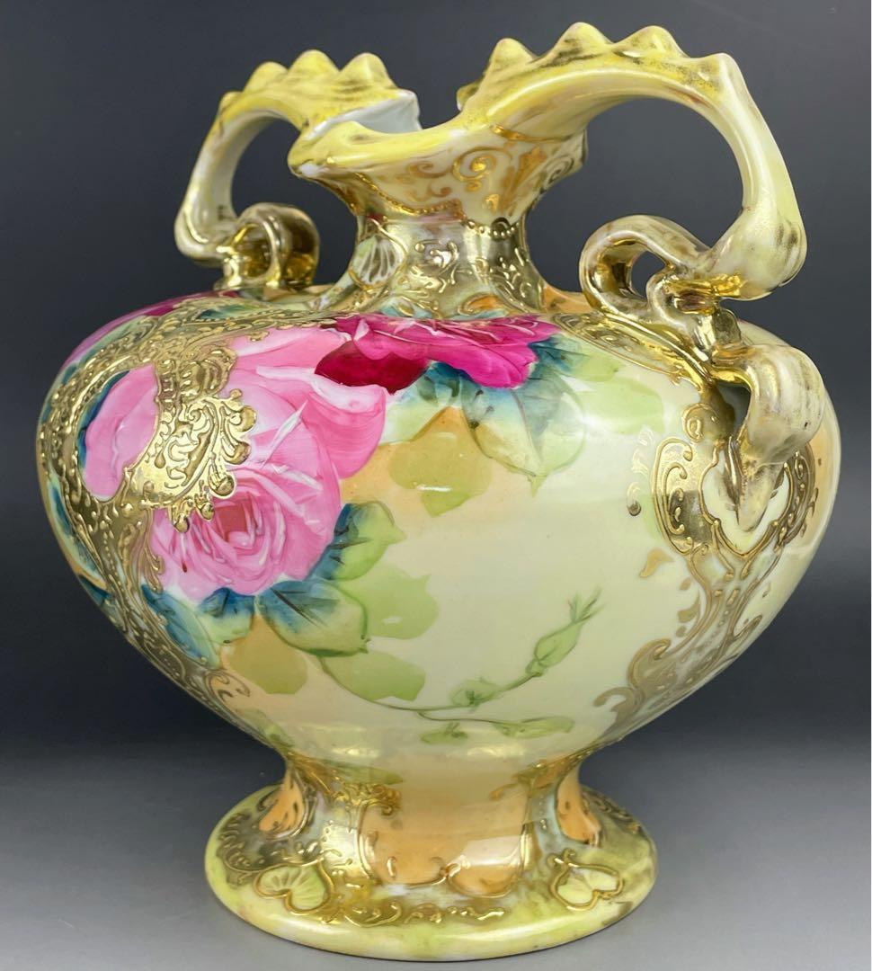 【大型】オールドニッポン 約２２cm アールヌーボー薔薇紋 花瓶 バラ