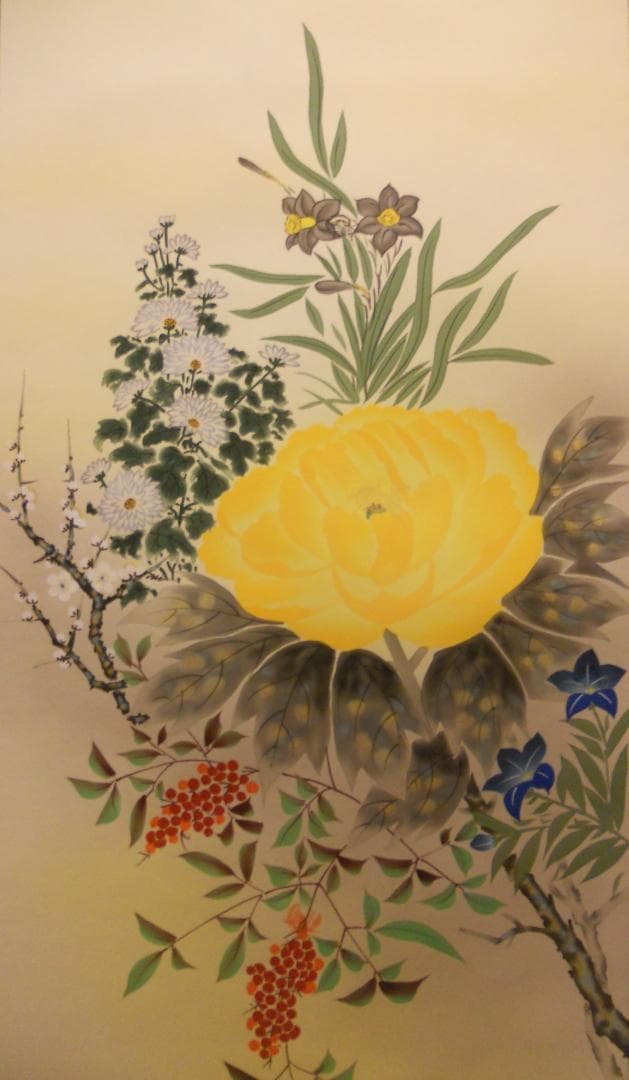 掛け軸 河田雲鳳 『 五帝四季花 』 絹本 希少 軸装 茶道具 掛軸 美品 です