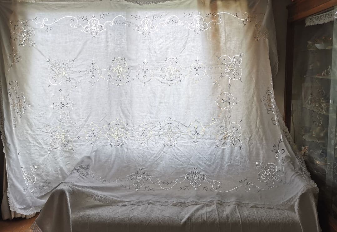 アンティーク ポワンドベニス オープンワーク水色刺繍 超大判クロス フィレレース