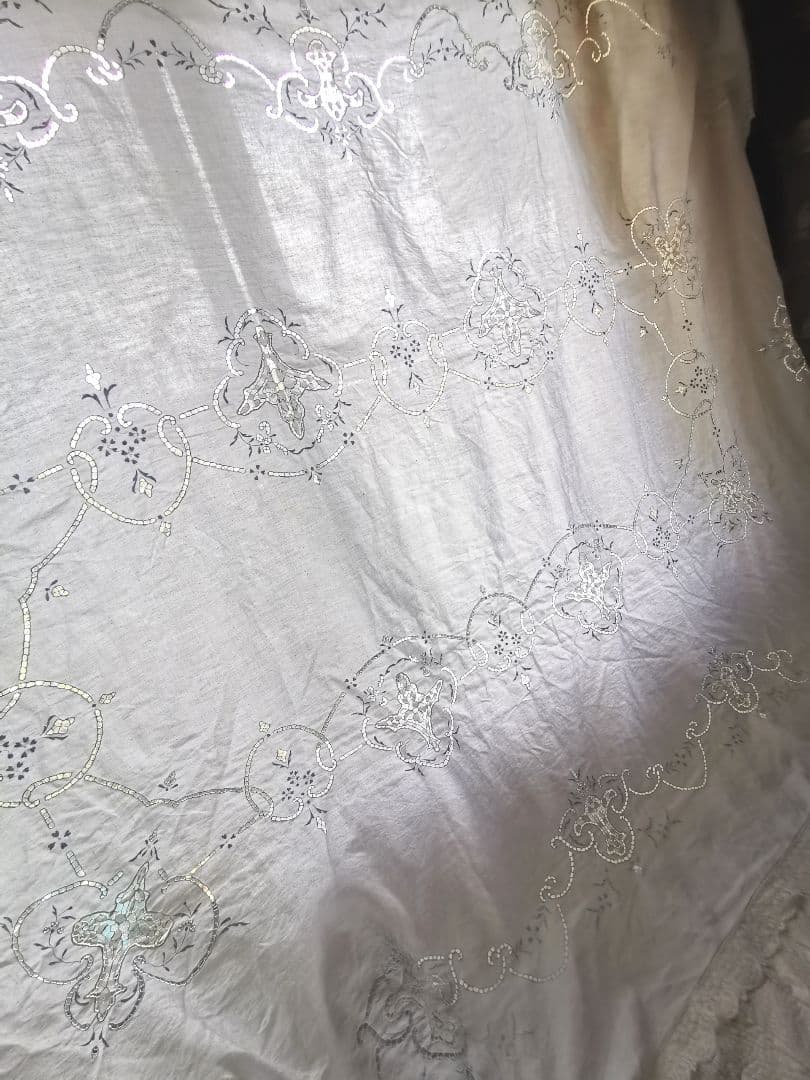 アンティーク ポワンドベニス オープンワーク水色刺繍 超大判クロス フィレレース