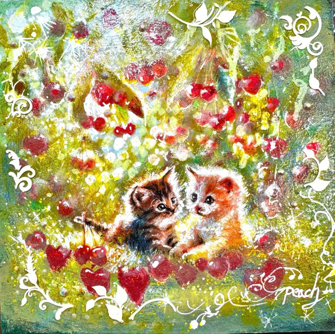 絵画原画《ハートのメロディ》寄りそうにゃんこたち　チェーリーの絵