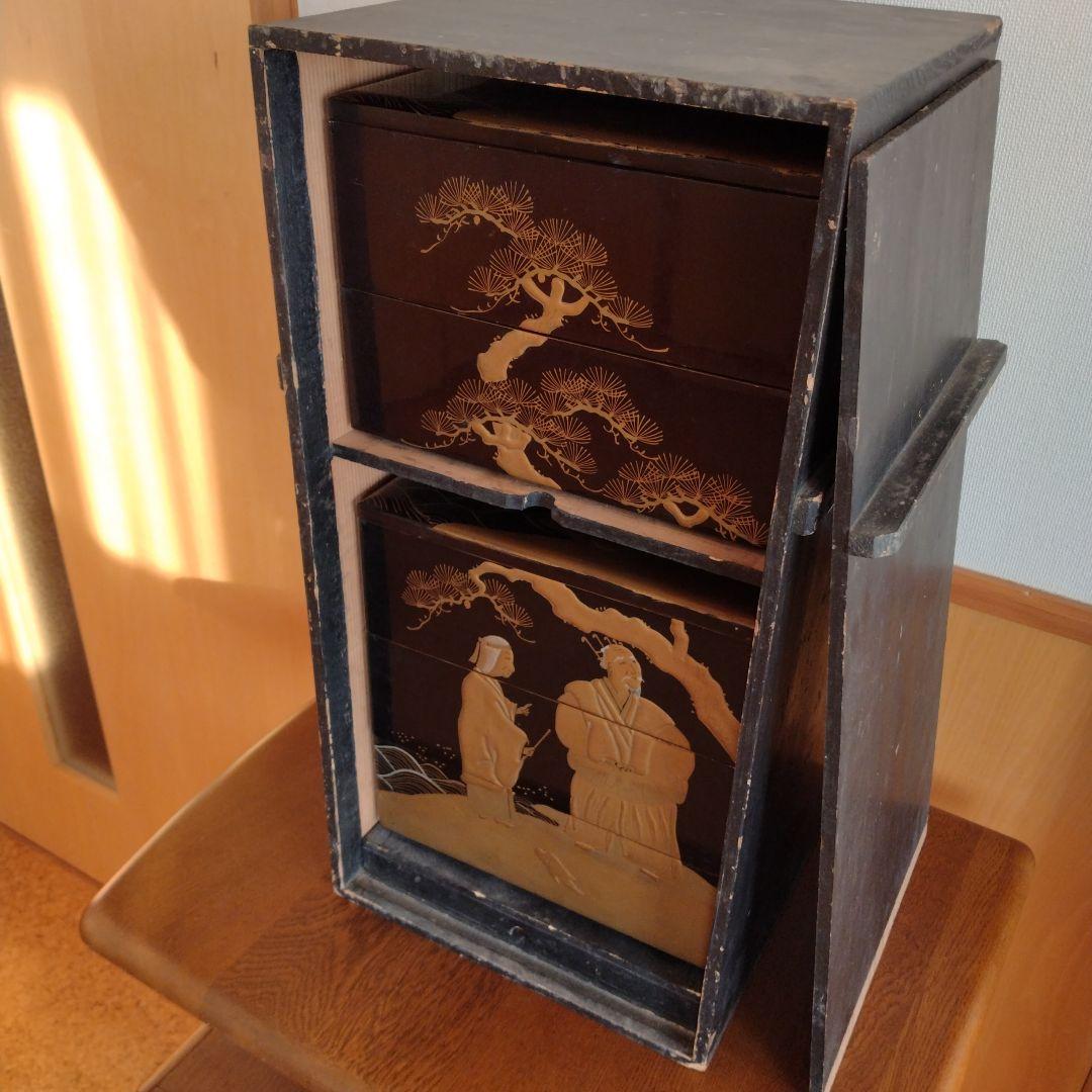 重箱5段 木製 漆器 松に鶴 翁と嫗 変え蓋付 木箱付 金彩 蒔絵 【送料込】