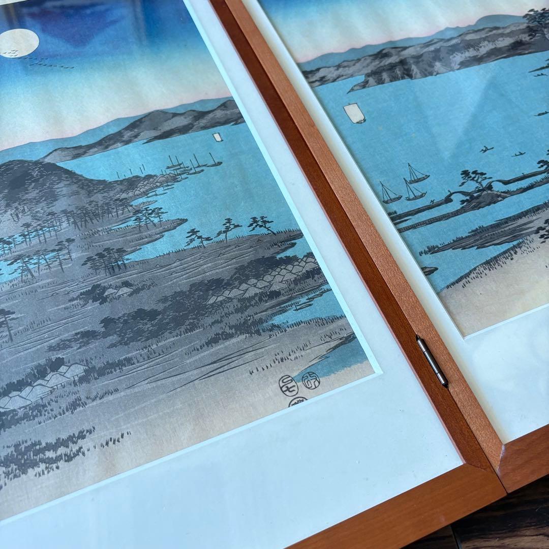 歌川広重「武陽金澤八勝夜景」木版画 三枚 額装 浮世絵 錦絵 F