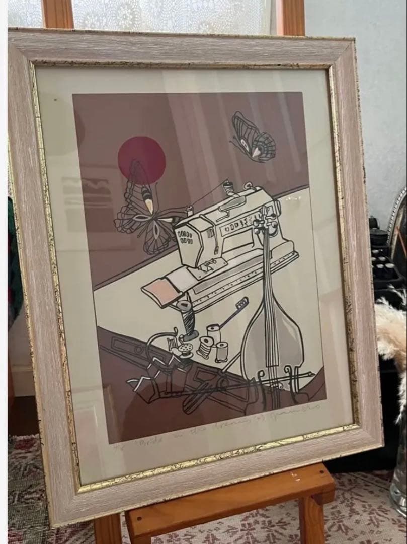 希少　シルクスクリーン　限定版　サイン、ED有　アンティーク額　ジニー・キム　蝶