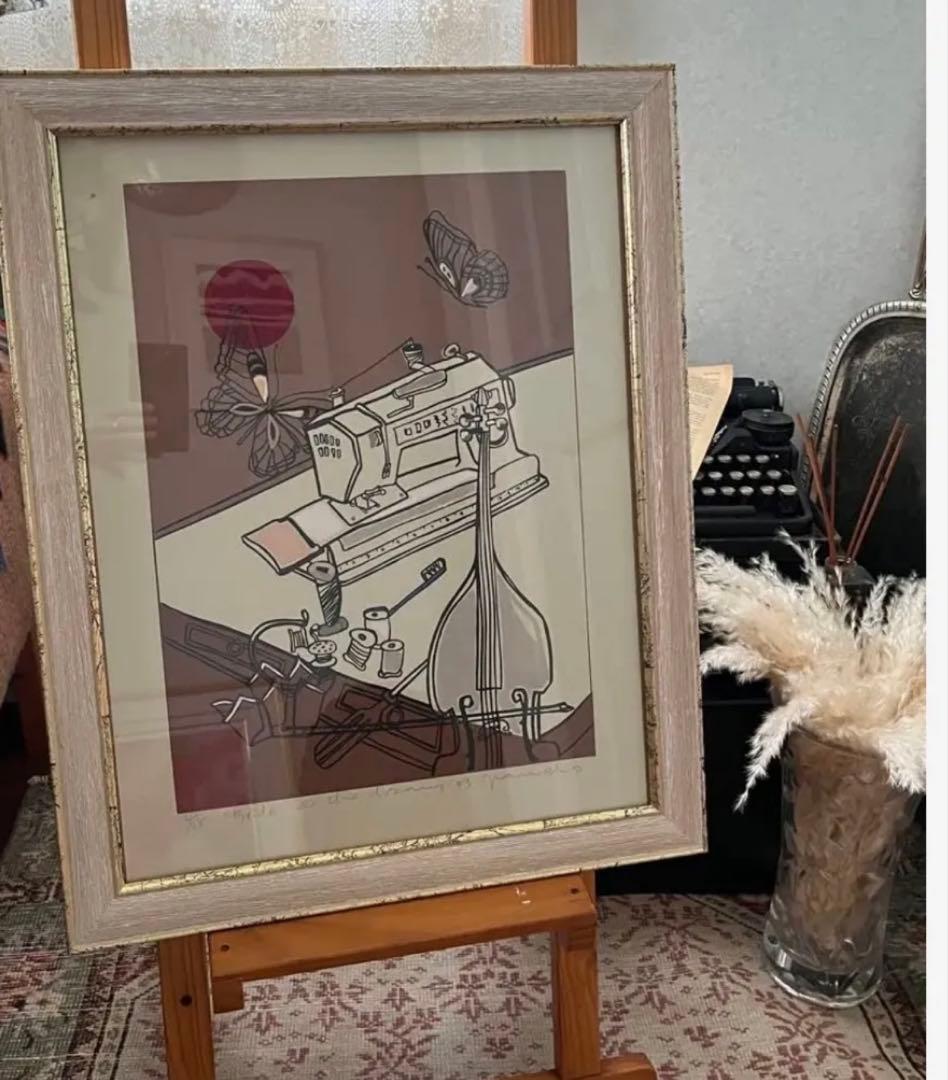 希少　シルクスクリーン　限定版　サイン、ED有　アンティーク額　ジニー・キム　蝶