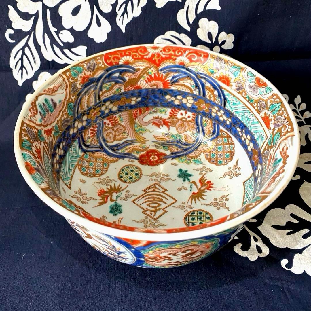 時代物骨董　古伊万里　豪華絢爛染錦金襴手・色絵大鉢　鳳凰飛翔図　飾り鉢　幕末明治