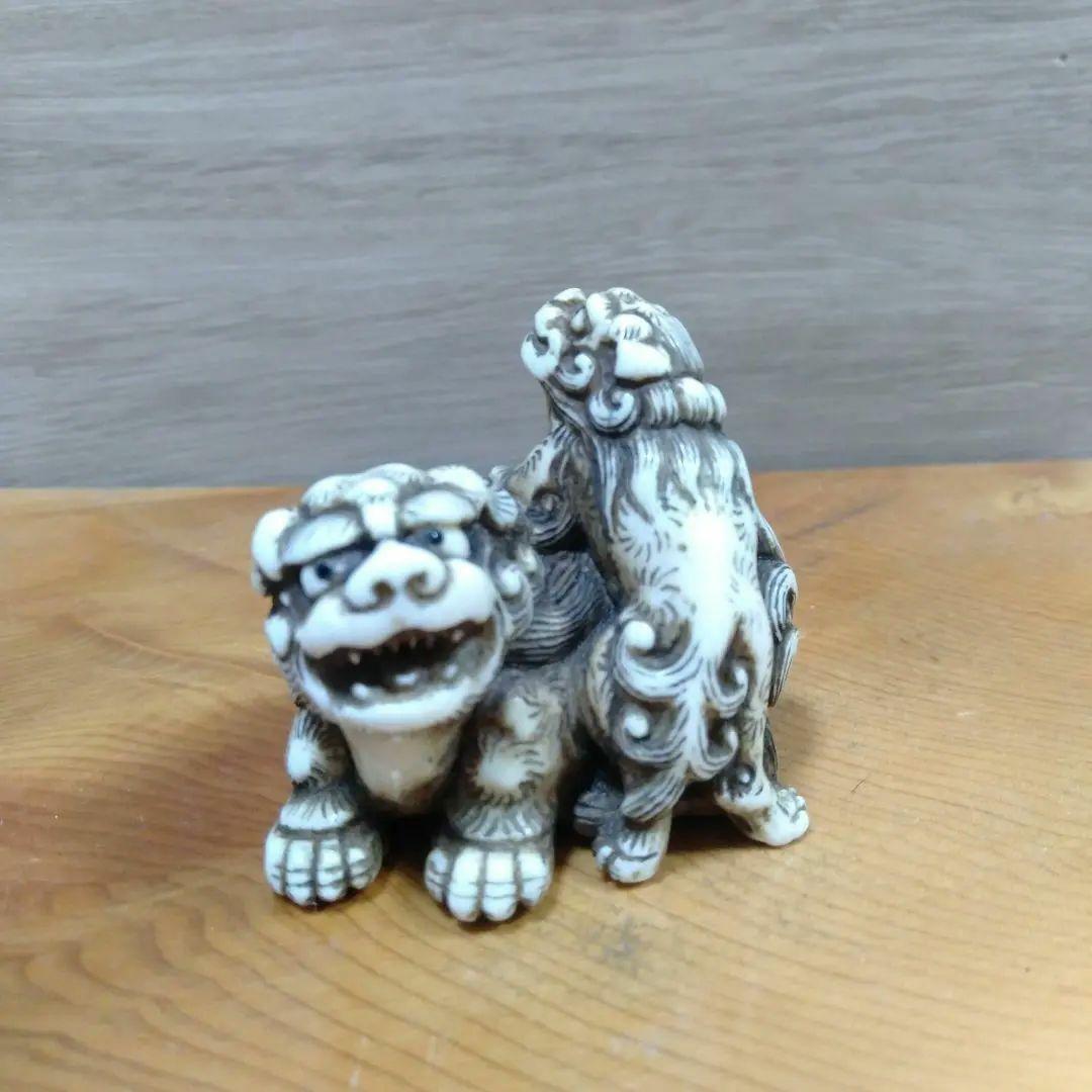 根付　親子獅子　幕末〜明治　牙彫　白龍銘