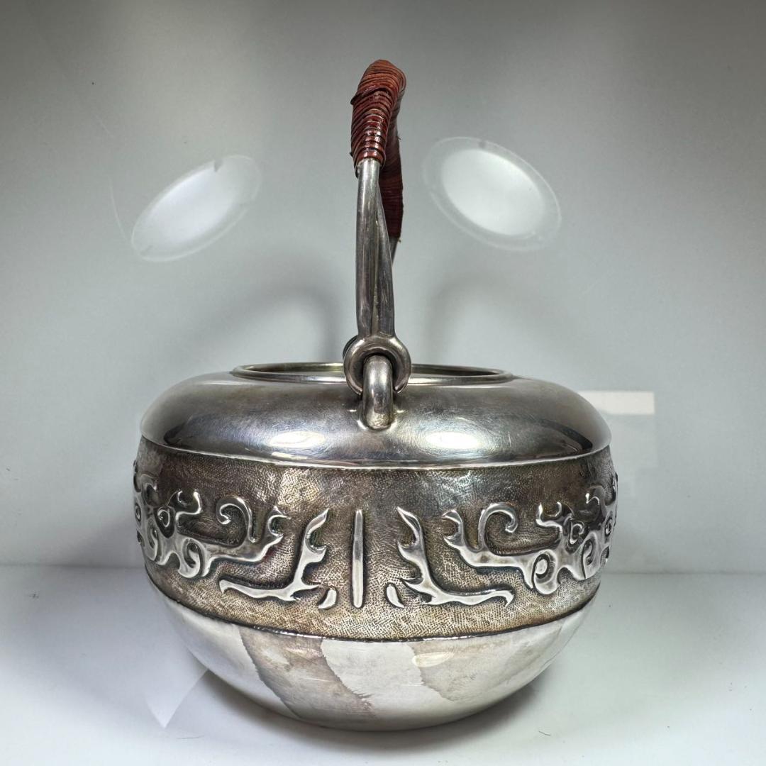 純銀製 蔵六 湯沸 貴石摘 銀瓶 箱付 古美術品 純銀保証 湯沸 やかん