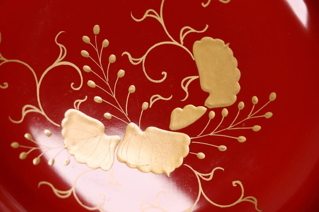 木製漆器 桐唐草蒔絵 朱塗銘々木皿 十九客 11.8cm 木箱 金蒔絵 MA12