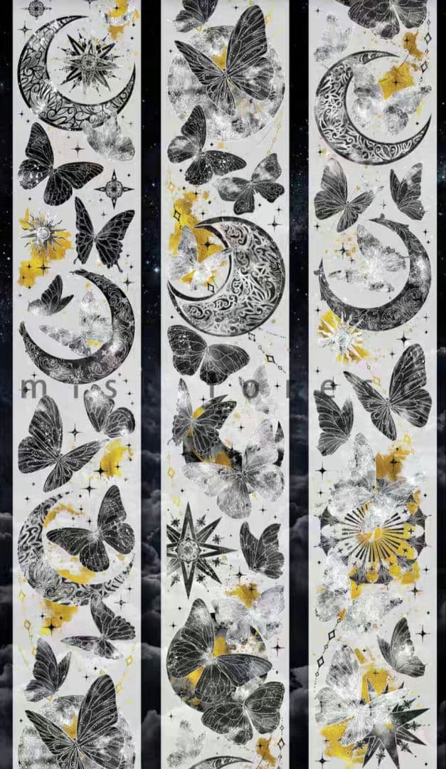 巻売 297★ 海外 マスキングテープ マステ PET 装飾 蝶 月 金ホロ