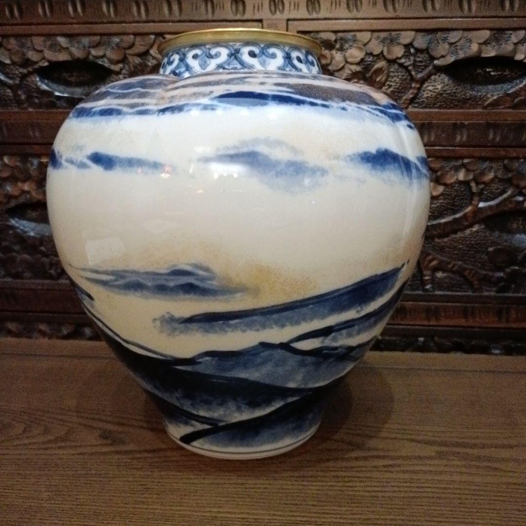 お値下げ◆藍九谷◆純金加彩手◆吉祥文花瓶◆山本長左オリジナル◆◆黎明◆◆