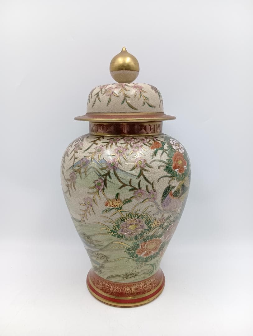薩摩焼 蓋つき壺 高さ46㎝ 色絵金彩花鳥文様 花瓶 花器
