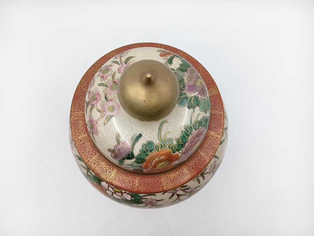 薩摩焼 蓋つき壺 高さ46㎝ 色絵金彩花鳥文様 花瓶 花器