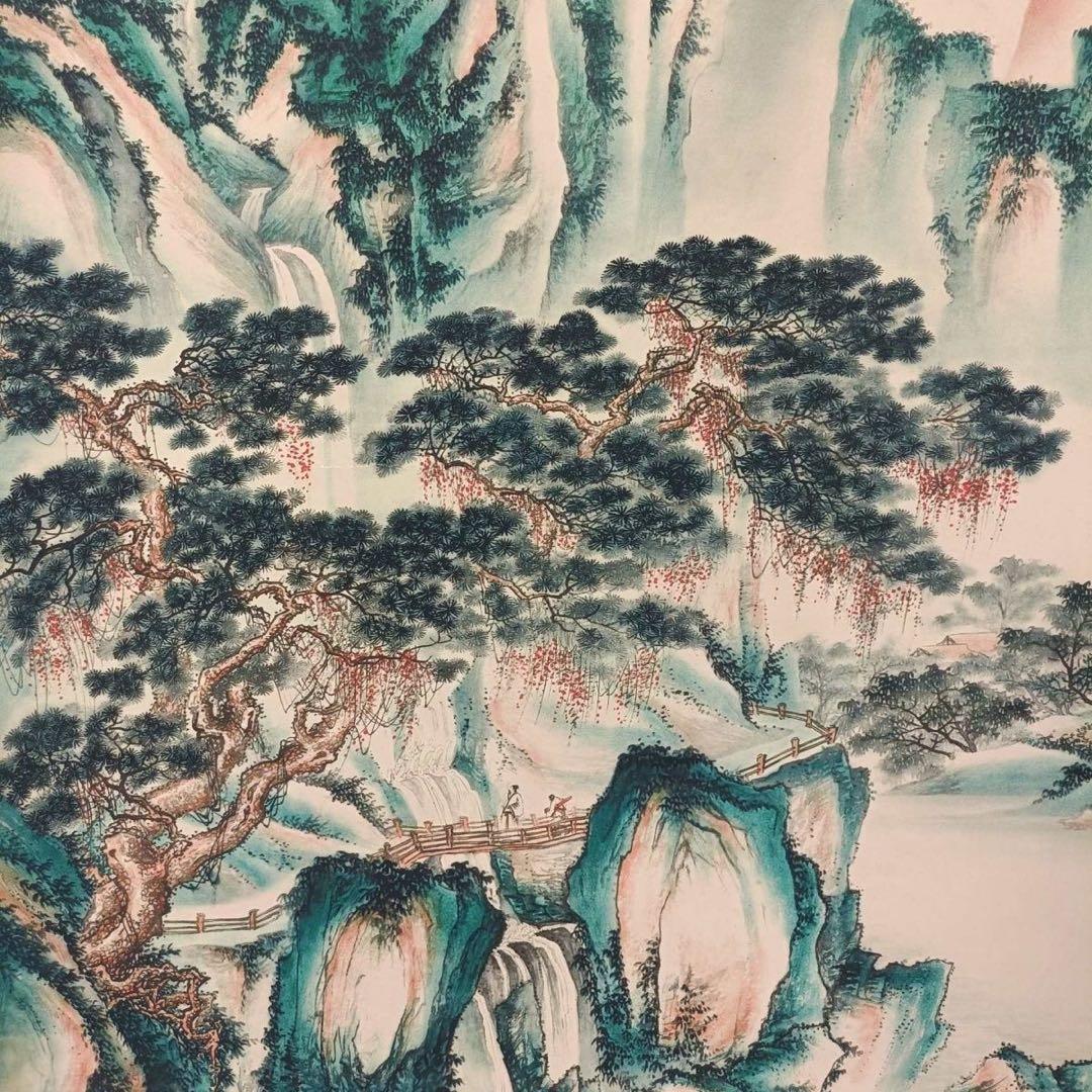 掛け軸 中堂 陳少梅 山路松声 山水画 中国書画 彩色山水 証書付 防偽標識