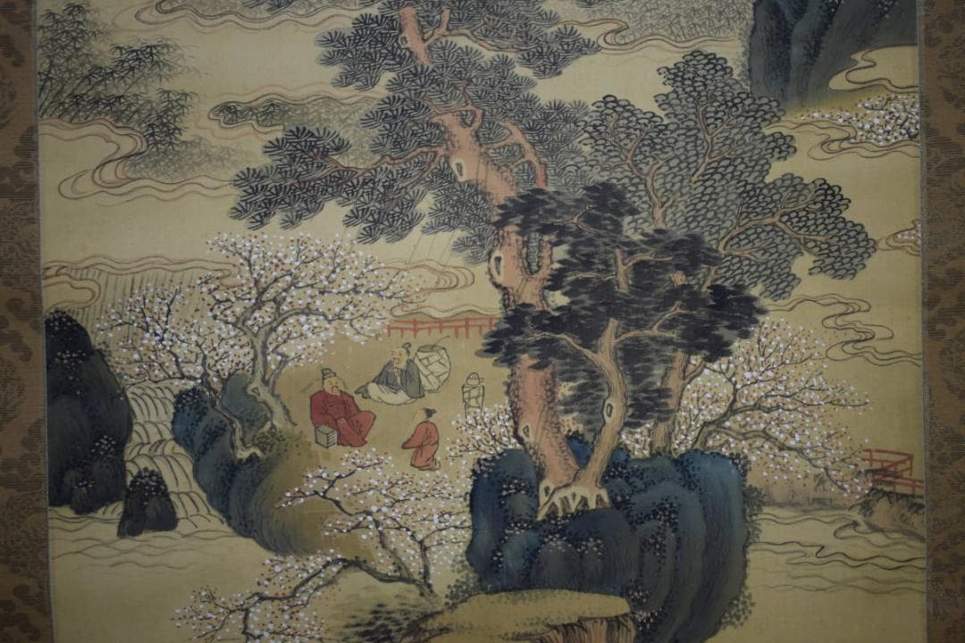 真作/中林竹渓/春景山水人物図/村田香谷の桐極二重箱付/布袋屋掛軸HF-831