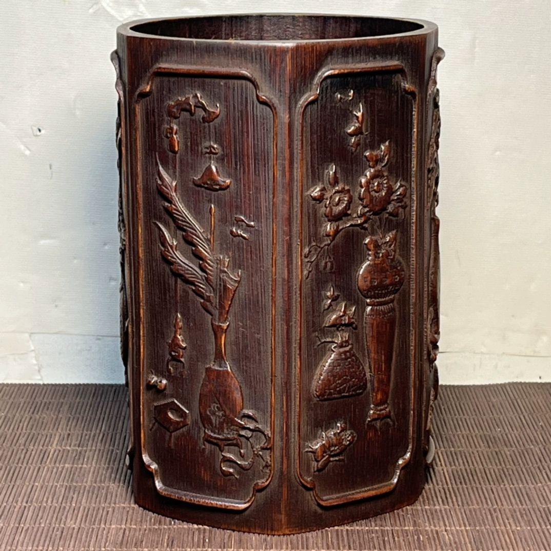 彫刻六角竹筆筒 文房四宝 古文房具 書道具 文房具 現代工芸品 美術品 置物