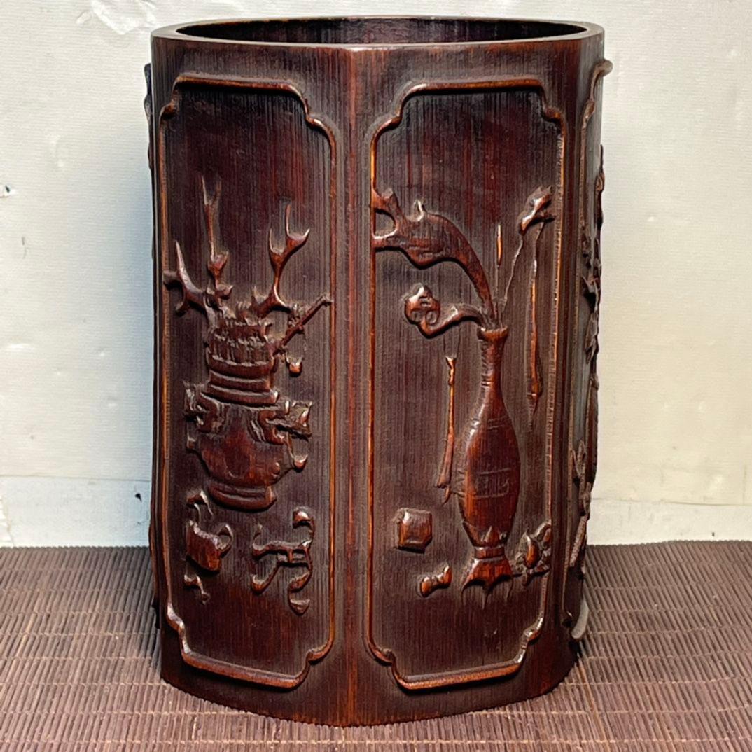 彫刻六角竹筆筒 文房四宝 古文房具 書道具 文房具 現代工芸品 美術品 置物